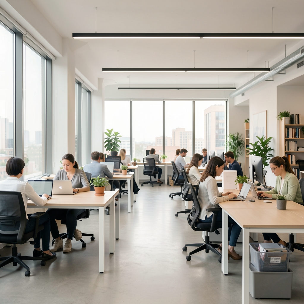 Офисное пространство в стиле open space с сотрудниками, работающими за ноутбуками, светлый современный интерьер с большими окнами