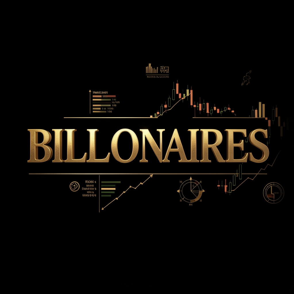Обложка подкаста We Study Billionaires — черный фон с золотыми буквами и символами финансовых рынков